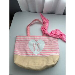 Victoria's Secret Pink Stripe Tote Bag Travel Beach VS Heart Handbag